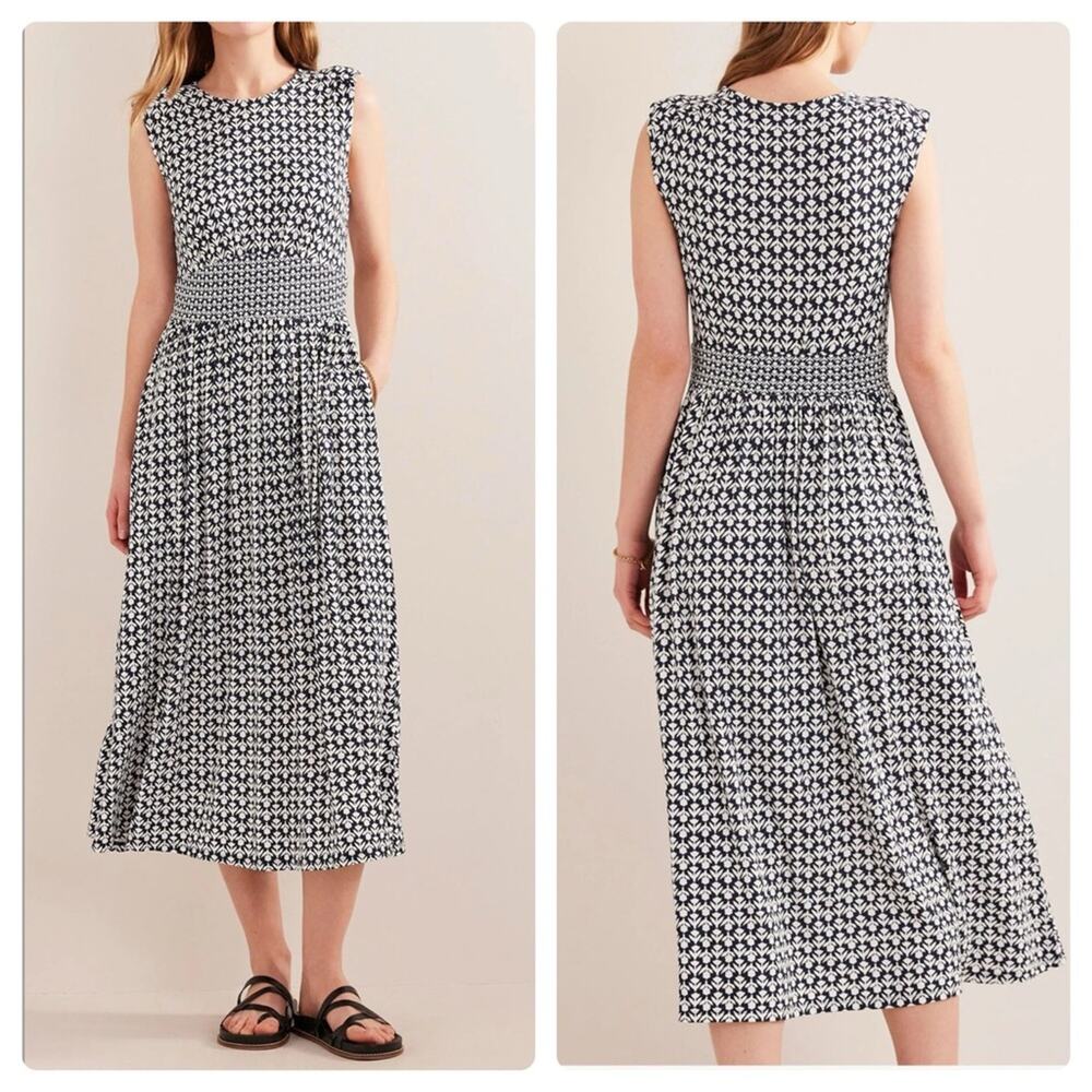 Boden Waist Detail Sleeveless Midi Dress In French Navy Tulip Pop